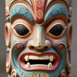 close - up symmetrical tiki mask with eyes and mouth, colorful, psychedelic, patterns, fine mandelbrot fractal lace, 1 5 0 mm, soft rim light, elegant, hyper real, depth of field, ultra detailed, octane render, hg giger, 1 6 k