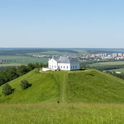 white mansion on a tall grass mountain, plains overlooking postsoviet city in the background