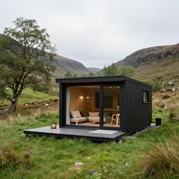 ultra wide angle photograph of cozy hygge tiny architecturally modern cabin in idyllic green scottish countryside by death burger