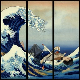 fallen angels by wong kar - wai depicted in a hokusai inspired triptych painting