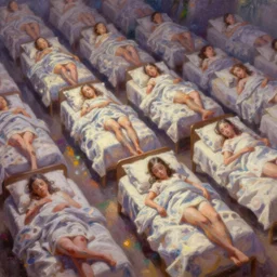 thpusands of clones asleep in bed, past bedtime, vibrant, fantasy, trending on art station, oil painting, concept art