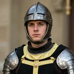 Medium closeup young idealistic and pious homely male Imperial soldier wearing a black tabard with light yellow accents over a gambeson and a barbute!!!!! helm, by Raymond Swanland Greg Rutkowski Lise Deharm, {perfect face}, {perfect eyes}, {uncertain look}, {on edge}