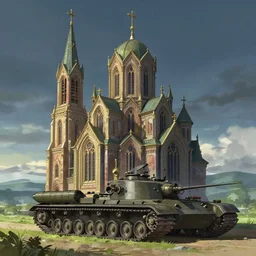 concept art of a huge ornate church with lots of smaller chapels combined on top of a tank aka churchtank in an open field, key visual, ambient lighting, highly detailed, digital painting, artstation, concept art, sharp focus, by makoto shinkai and akihiko yoshida and greg manchess