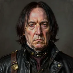 portrait painting of a dieselpunk sad grumpy alan rickman as severus snape, sharp focus, award - winning, trending on artstation, masterpiece, highly detailed, intricate. art by josan gonzales and moebius and deathburger