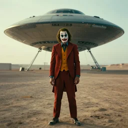 cinematic shot of the joker standing in front of a ufo in the desert,