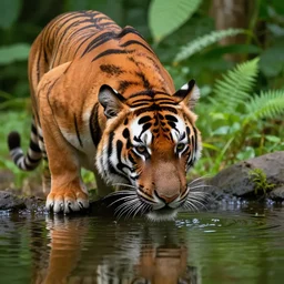 a tiger drinking water from a reflective shiny pond in a green plant-filled-rainforest, 4k 8k ultra hd, sharpened foreground, bokeh blur background, close-up, ultra detailed, hyperrealism, nature photography, national geographic, award-winning, cinematic, high quality