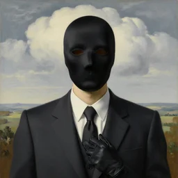 portrait of a faceless masked - head man in a suit and black gloves, clouds and nature landscape in the background, by rene magritte, detailed painting, distance, centered, hd, hq, high resolution, high detail, 4 k, 8 k