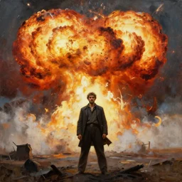 high quality high detail painting by ilya repin, man standing in front of huge explosion, epic composition, hd