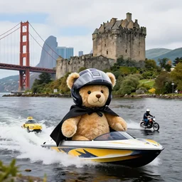 A teddy bear wearing a motorcycle helmet and cape is standing in front of Loch Awe with Kilchurn Castle behind him driving a speed boat near the Golden Gate Bridge car surfing on a taxi cab in New York City riding a motorcycle in Rio de Janeiro with Dois Irmãos in the background. dslr photo