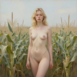a portrait of a petite blonde woman in a cornfield, great body, oil painting, pale colors, high detail, 8 k, wide angle, trending on artstation,