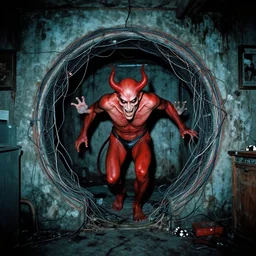 el diablo satanas [covered in wires] emerges from a cybercore portal in my disgusting room in the basement, 16 mm
