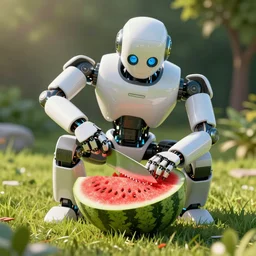 a robot cutting watermelon on the grass in summer, sharp focus, trending on artstation, hyperdetailed, smooth, digital art, crepuscular ray, cinematic lighting, unreal engine 5, frostbite 3 engine