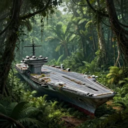 decayed aircraft carrier Nimitz laying on the ground of a tropical forest overgrown with vegetation and hanging vines, post appocalyptic, by Luis Royo, by Greg Rutkowski, dark, gritty, intricate, cover illustration, concept art, volumetric lighting, volumetric atmosphere, sharp focus, octane render, trending on artstation, 8k