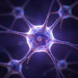 neuron cell in the center of neuron cell network, iridescent radiant light in darkness, digital painting, artstation, fine detail, dark purple and blue color