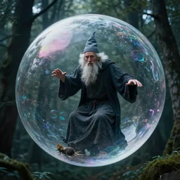 an old wizard trapped inside a floating soap bubble among the trees, ethereal, fantasy, style of peter mohrbacher, dramatic lighting