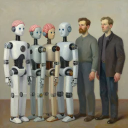robots queue up for new brains, grant wood, pj crook, edward hopper, oil on canvas