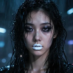 facial portrait of a korean model android with dark smeared makeup and wet curly hair and white tears and white lipstick, a dark cyberpunk background, lens flare, rain, deep focus, d & d, intricate, elegant, highly detailed, photo, artstation, blade runner, 8 k, sharp focus, octane, unreal engine 5, global illumination, radiant