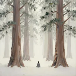 a small figure of a man sitting under a large number of giant sequoia tress, tranquil, silent, solemn, oil painting, ethereal, minimalist