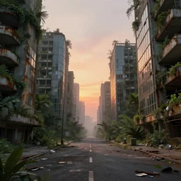 streetview, brutalist buildings, abandoned, empty streetscapes, sprawling jungle, natural volumetric lighting, misty sunset, rusted steel, concrete, glass, stunning skies, scattered rubbish and debris, 8 k, finely detailed, unreal engine, imax, cinematic, beautifully illustrated, sharp focus, minimal artifacts, doom, greg rutkowski, le corbusier, artstation
