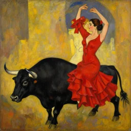 highly detailed painting of gemini flamenco dancers wearing red dresses while they ride a black bull by tamara de lempicka