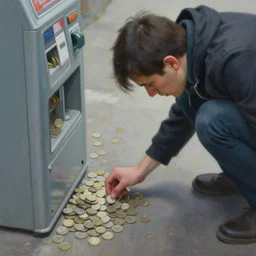 focus on person and money, hyper - realism painting, a person looking for coins on the ground to use a machine, amnesiac, frantically searching, looking for credits, digitally tokenized capitalism, focus on oxymoronic dichotomy, token slot, you have to pay to play, detailed texture