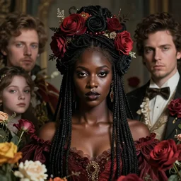 portrait of the mulatto queen of the underworld, surrounded by flowers by karol bak, james jean, tom bagshaw, rococo, sharp focus, trending on artstation, cinematic lighting, hyper realism, octane render, 8 k, hyper detailed.