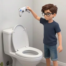 white boy with brown hair and glasses throwing a video game into a toilet, scott wozniak, scott the woz!!!!!!, blue border around image