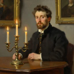 museum painting, table with candleholder, light from candles, sharp focus, highly detailed, digital art, oil painting, masterpiece, leyendecker, rutkowski