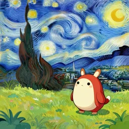 japanese landscape, japanese kappa from harvest moon game in front, digital art, looks like van gogh painting