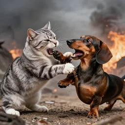 photo dachshund bites maine coon epic battle angry aggressive apocalypse