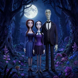the Addams family standing in a beautiful dark spooky woods in the moonlight, blue and purple shades of flowers, by Alena Aenami, thomas kinkade, 8K resolution, colorful, holographic, matte painting, ultra detailed, trending on Artstation