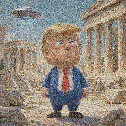 Still from movie about an Tiny Donald Trumps invasion Ancient Athens, UFOs, portrait, intricate, 8k highly professionally detailed, HDR, CGsociety