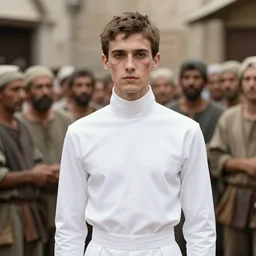 portrait of a prince, in the street, crowd of peasants behind him, slim, bird - like, white clothes, sharp high collar, cheekbones, scarred face