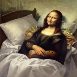 digital painting Monalisa by leonardo da vinci sleeping on bed