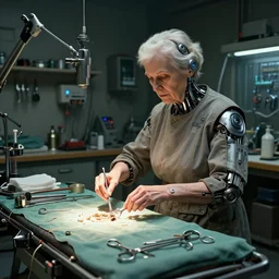 an environmental concept art of an elderly russian woman cyberneticist in a cluttered mechanics workshop, surgical implements, surgery table, highly detailed, cinematic, dramatic, cyberpunk