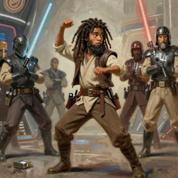 a highly detailed painting of a boy with dreadlocks and a beard in the reality of star wars, he does a lot of mischief and dances with the other members of the movie