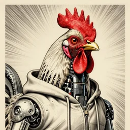 a portrait of a robotic rooster wearing a hoodie, science fiction, retro cover, high details, intricate details, by vincent di fate, artgerm julie bell beeple, 60s, inking, vintage 60s print, screen print