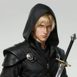 male rogue, gray - green eyes, black assassins clothes, blonde hair, with sword | | realistic shaded, fine details, realistic shaded lighting painting by greg rutkowski, diego gisbert llorens, magali villeneuve, artgerm, jeremy lipkin, michael garmash, rob rey