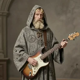 early 1 7 0 0's photograph of a blonde bearded wizard, wearing hooded garment covered in magical sigils. standing with an electric guitar