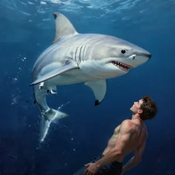 a dream fantasy painting of white shark attacks a man, in the deep, by antonio j. manzanedo, trending on artstation, deviantart, photorealism