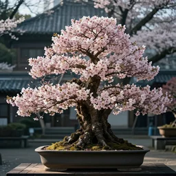 a realistic photo of a sakura bonsai tree with cinematic lighting