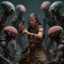 toltec cyberpunk shaman fighting with aliens brainsuckers, perfect faces, fine details, studio lighting, subtle shadows, art by katsuya terada, photorealism, hyper realism, octane render, hyper detailed, volumetric lighting, canon eos r 3, f / 1. 4, iso 2 0 0, 1 / 1 6 0 s, medium shot, 8 k, raw, unedited, in - frame,