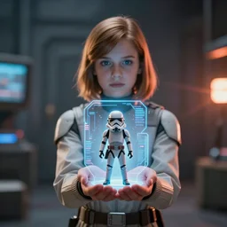 a girl holding a small toy of a star wars character, a hologram by george lucas, trending on cg society, video art, anamorphic lens flare, reimagined by industrial light and magic, movie still