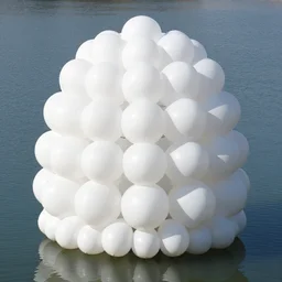many white egg shaped balloons are stacked together to form an inflatable building on the calm water, designed by antti lovag