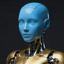 a close - up portrait of a cold, smooth, blue robot with only eyes, golden armor on the torso, studio lighting