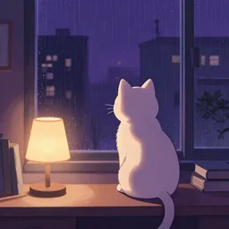 cat sitting on a desk with a lamp, looking outside a window, rainy city at night, dark violet color palette, lofi anime illustration