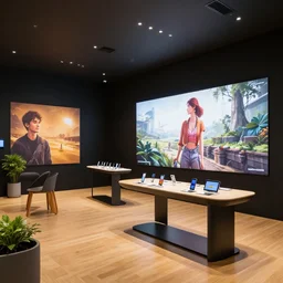 organic sensual warm inviting experiential design flagship samsung store, black walls. timber floor. low ceilings with spots. curved furniture, with large digital screen. display tables with phones and tablets, pots with plants, large digital screens on the walls ( ( 4 k artstation concept art by wadim kashin ) )