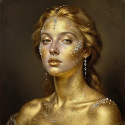 beautiful oil matte portrait painting, women with gold skin showered with diamonds, wonderful masterpiece highly detailed, beautiful cinematic light deep focus, elegant, digital painting, smooth, sharp focus, golden ratio, dramatic illumination, ultra realistic, 8 k, art by artemisia lomi gentileschi and caravaggio