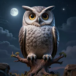 elaborate, giant, massive, detailed, 3 d owl, in a 3 d tree, dark, night sky with stars, clouds and glowing moon, cinematic, 4 k by jordan coelho and wes anderson and james jean