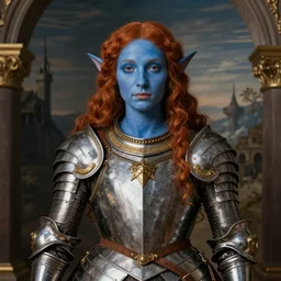 A merfolk woman with blue skin and red hair, wearing ornate armor, portrait in renaissance style